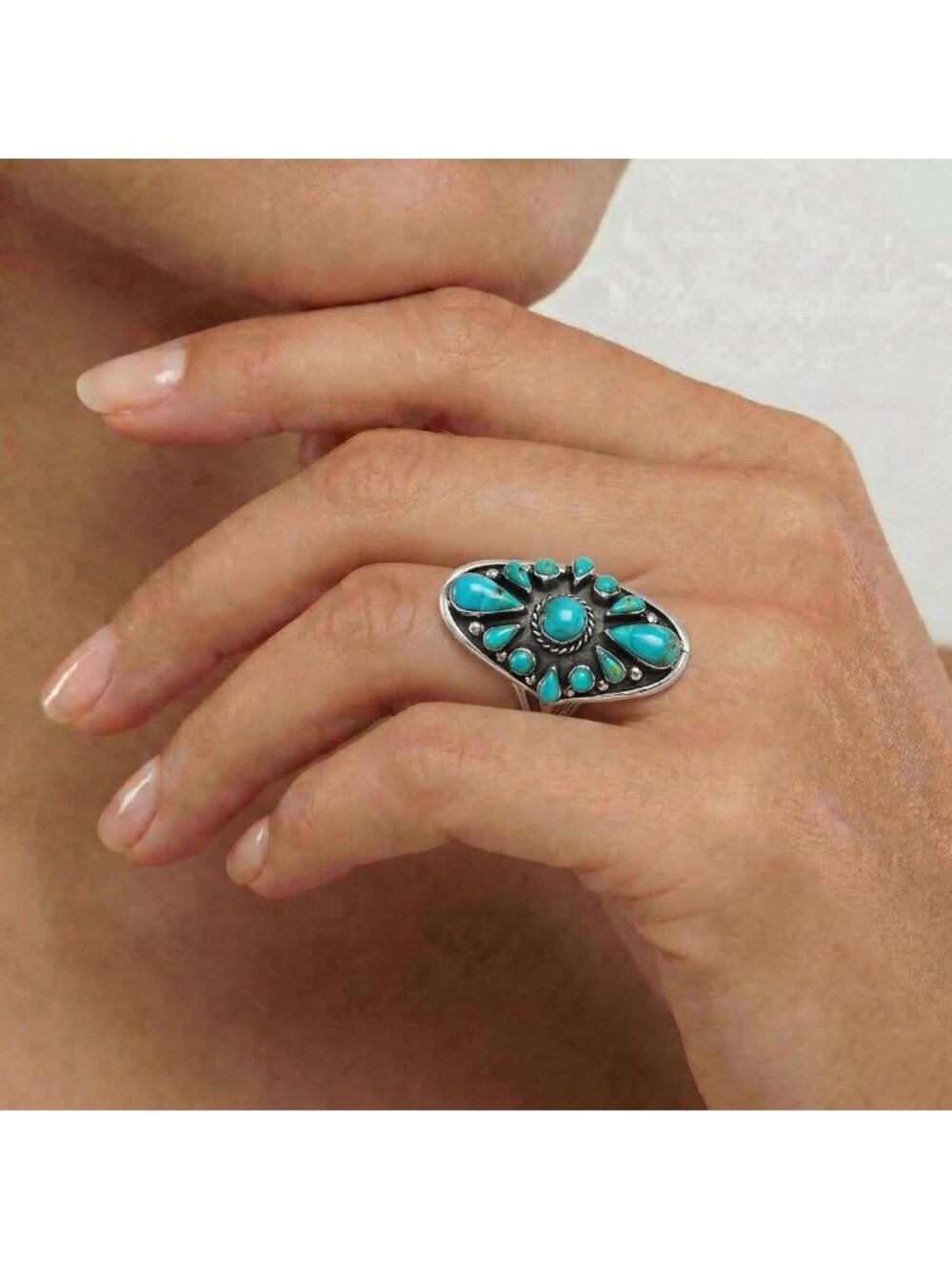 Turquoise Sterling Silver Ring, Genuine Gemstones, Adjustable Size 6-11 - Picture 8 of 8